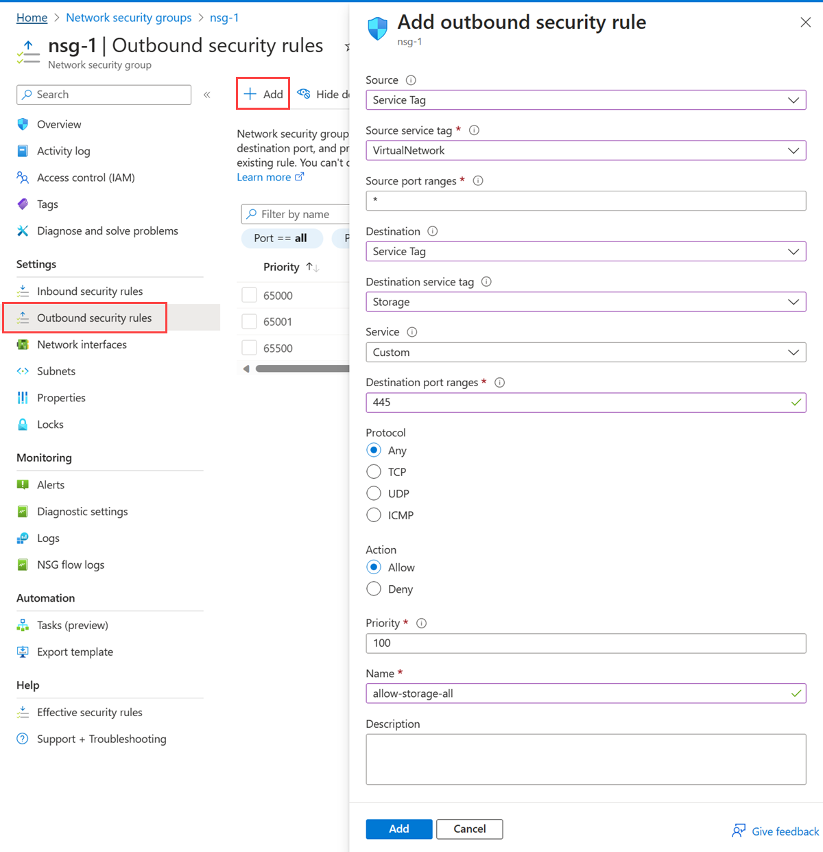 Screenshot of creating an outbound security to access storage.