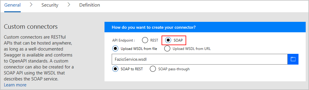 Screenshot of providing the WSDL file for your API