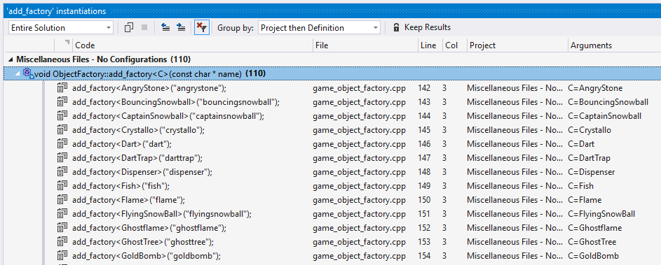 Screenshot of the list of instantiations of the template in your code. The instantion, file, location, and arguments are listed.