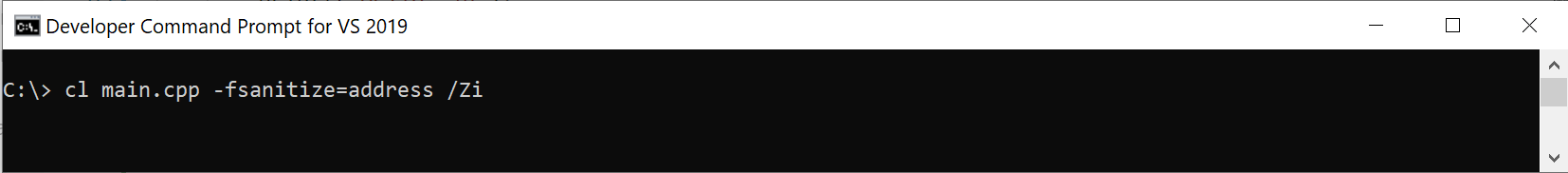 Screenshot of a command prompt showing the command to compile with AddressSanitizer options. The command is: `cl main.cpp -faanitize-address /Zi`.