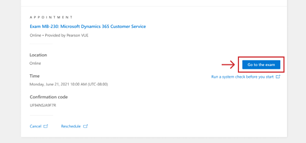 màn hình Cuộc hẹn bên trong hồ sơ Microsoft Learn. Cuộc hẹn thi được liệt kê cùng với nút Đi tới bài kiểm tra được tô sáng.
