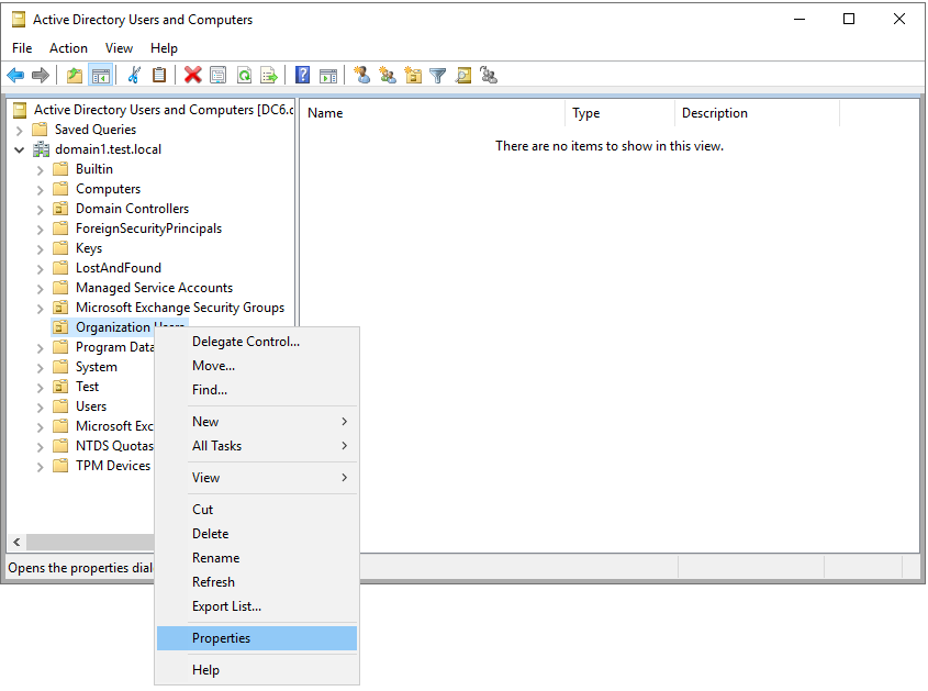 Screenshot of the domain Properties dialog open to the Security tab before adding gMSA permissions.
