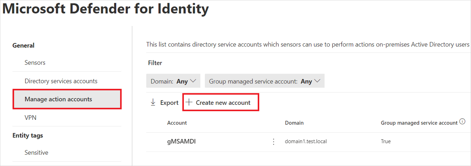 Screenshot of the Manage action accounts page in the Microsoft Defender portal showing the Create new account option.