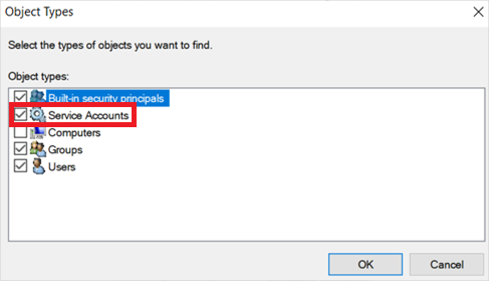 Screenshot of Object Types with Service Accounts enabled so the gMSA account can be found.