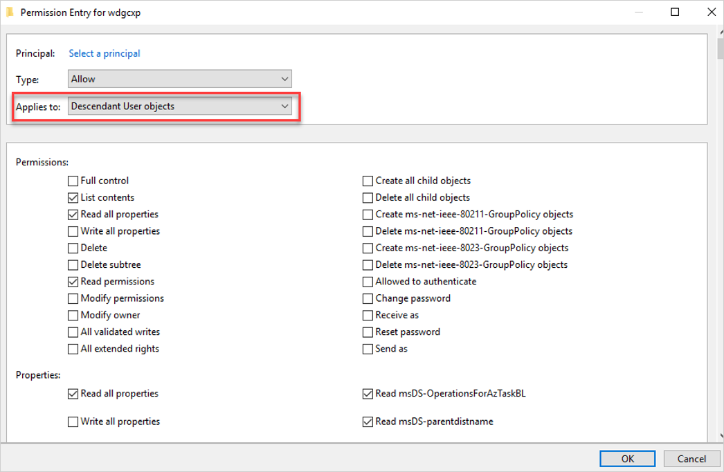 Screenshot of the Permission Entry dialog showing Descendant User objects scope with reset password and account control permissions.