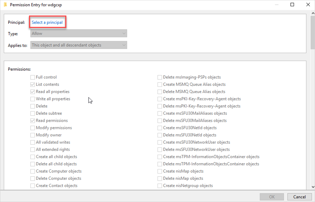 Screenshot of the Permission Entry dialog with the gMSA account selected as the security principal.