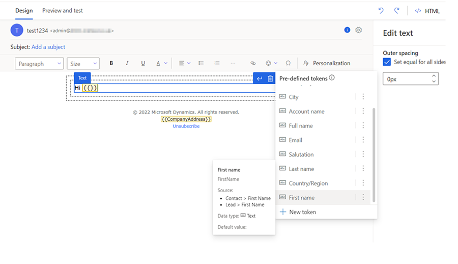Ảnh chụp màn hình thêm văn bản động được xác định trước vào tin nhắn email Ảnh chụp màn hình thêm văn bản động được xác định trước vào tin nhắn email.