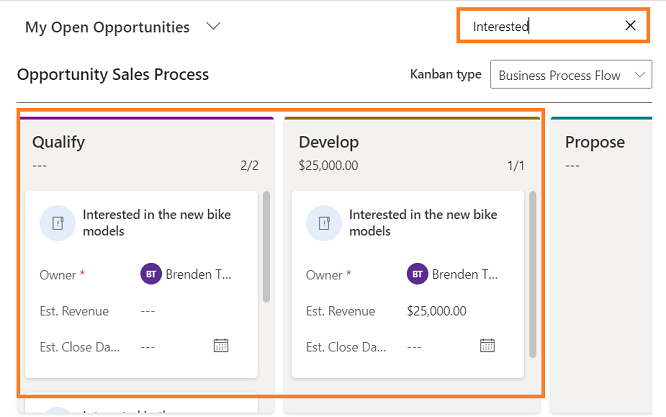 Sử dụng hộp Tìm kiếm để lọc các bản ghi trong dạng xem Kanban.