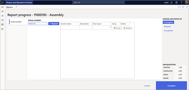 Report progress page with a fixed serial number.