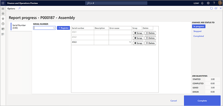 Report progress page with a field for manual serial numbers.