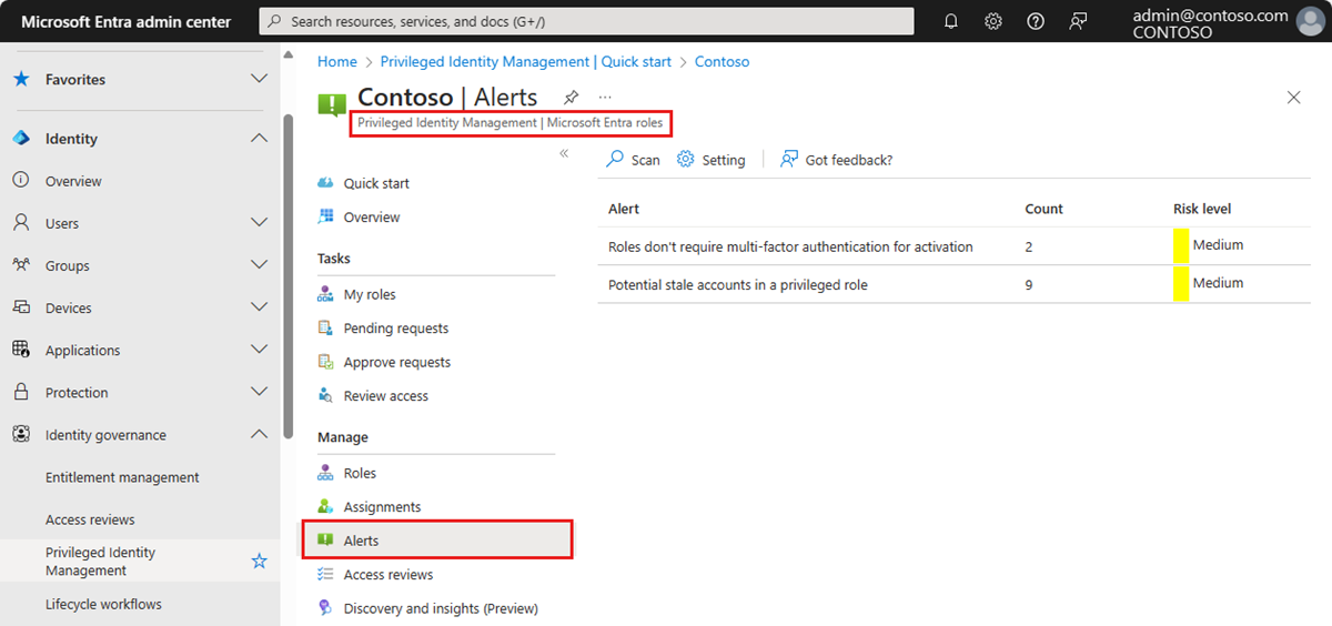 Screenshot of the alerts page with the settings highlighted.