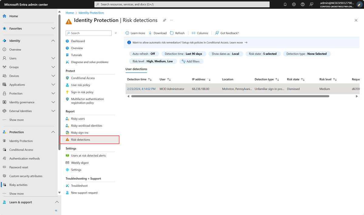 Screenshot of the Risk detections report.