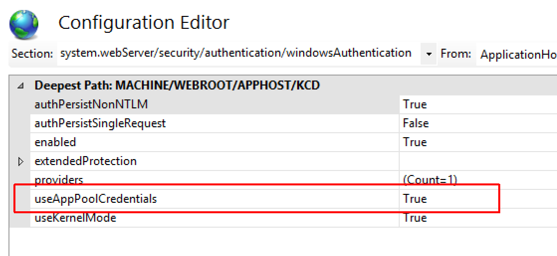 IIS configuration app pools credential option