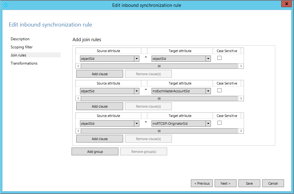 Join rules tab in Sync rule editor