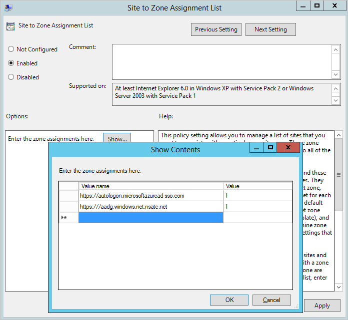 Screenshot showing intranet zones.