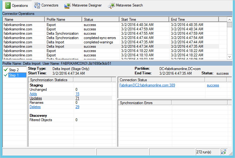 Screenshot of Synchronization Service Manager, showing Operations tab selected