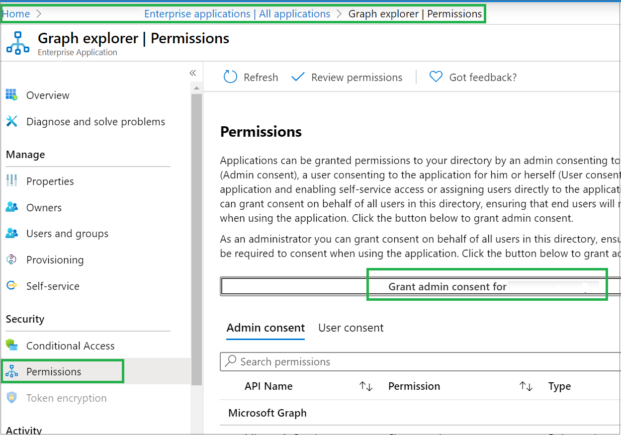 Screenshot showing the "Grant admin consent for Graph explorer" link.