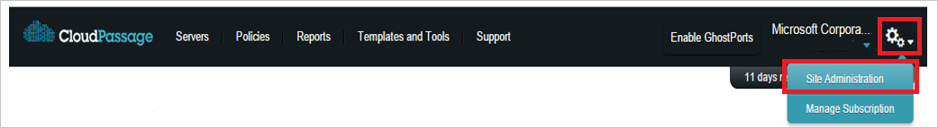 Screenshot shows the CloudPassage site with Site Administration selected.