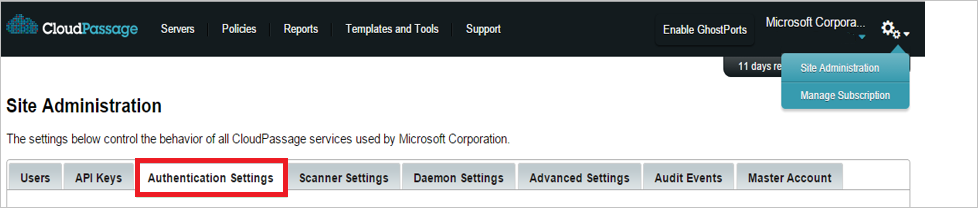 Screenshot shows the CloudPassage site with the Authentication Settings tab selected.