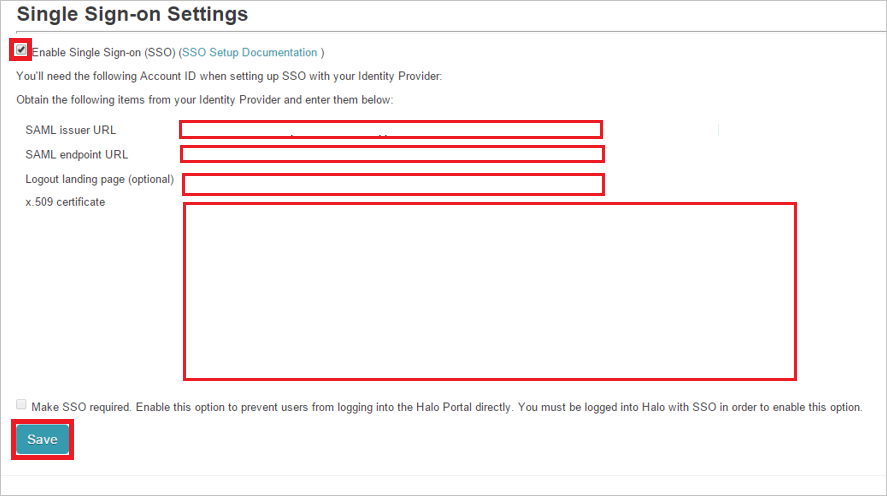 Screenshot shows the Single Sign-on Settings section where you can enter the information in this step.