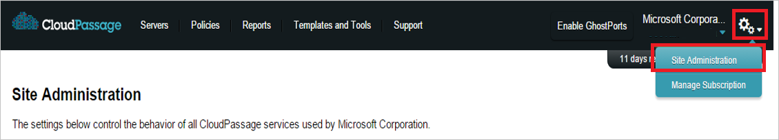 Screenshot shows CloudPassage with Site Administration selected.