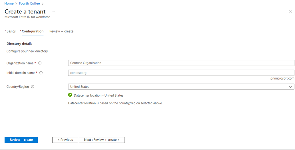 Screenshot of Microsoft Entra ID - Create a tenant page - configuration tab.