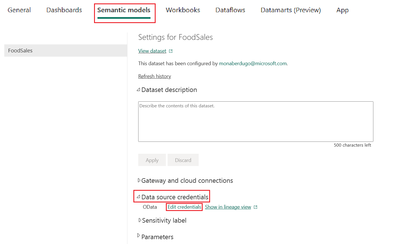 Screenshot of Data source credentials menu.