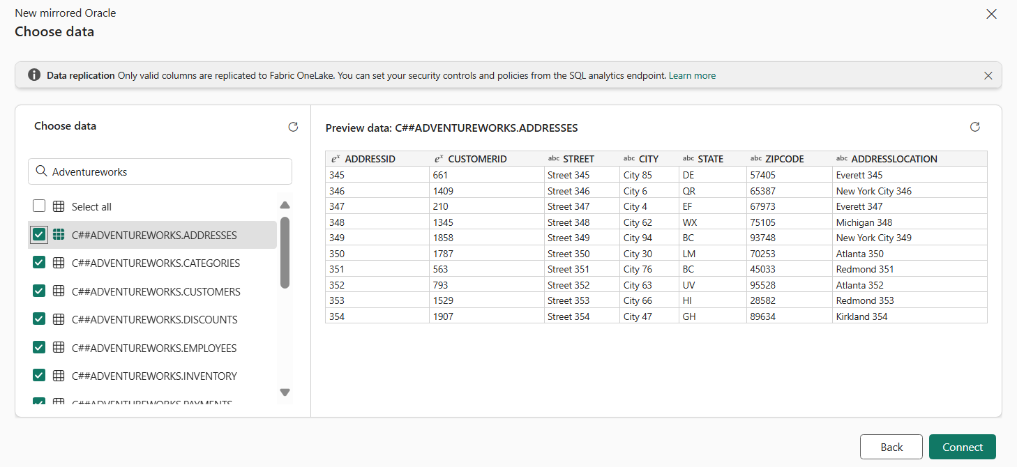 Screenshot of the interface prompting the user to select the data they want to be mirrored before connecting.
