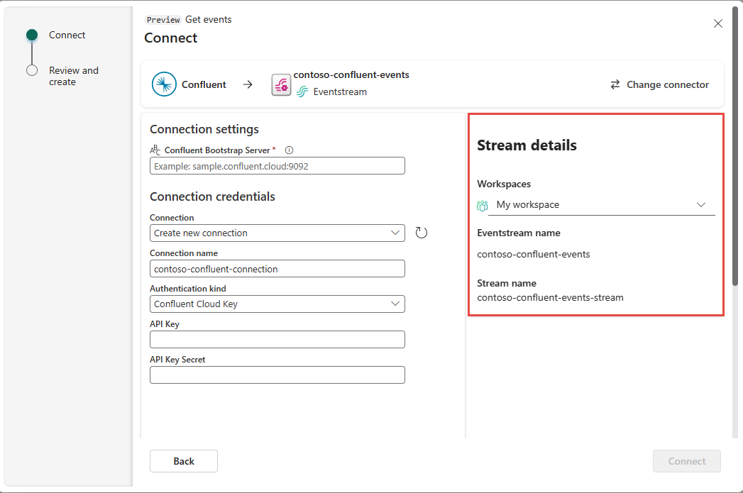Screenshot that shows the right pane with Stream details section of the Confluent connection settings page. 