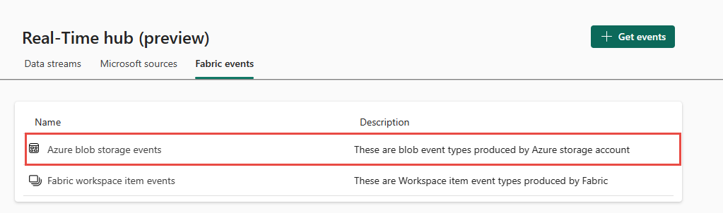 Screenshot that shows the selection of Azure blob storage events in the Fabric events tab.