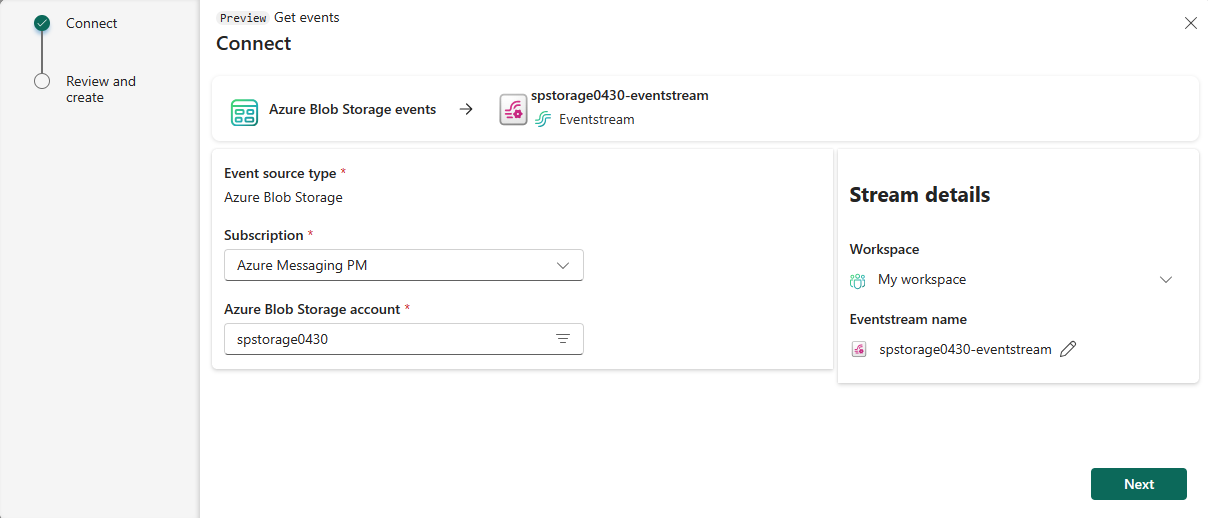 Screenshot that shows the Connect settings for an Azure Blob Storage account.