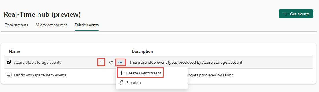 Screenshot that shows the Fabric events tab of the Real-Time hub.