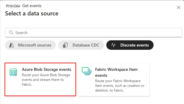 Screenshot that shows the Get events page with Azure Blob Storage events selected.