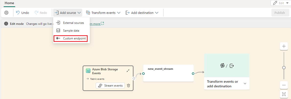 Screenshot of selecting a custom endpoint as a source for an existing eventstream.