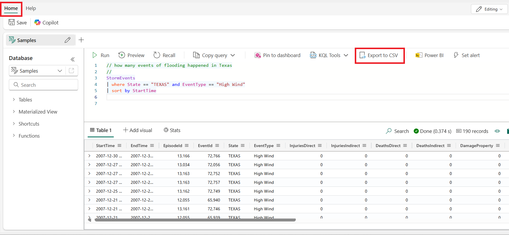 Screenshot of the Home tab of the KQL Queryset showing the highlighted option to export results to CSV.