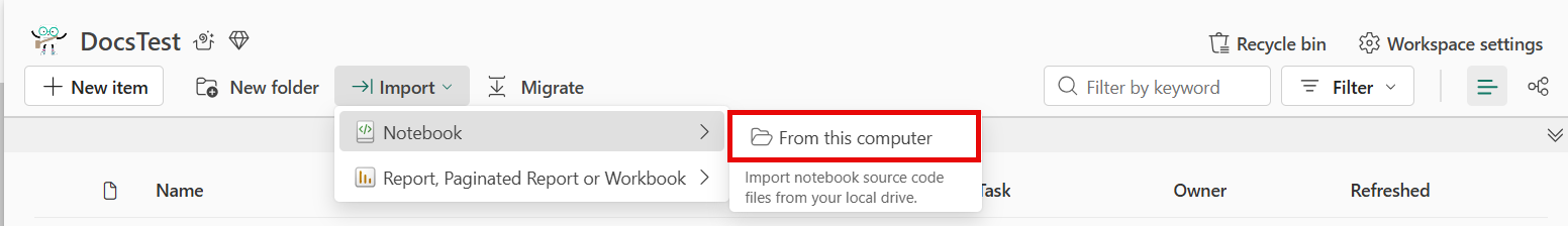 Screenshot of the workspace import a notebook menu.