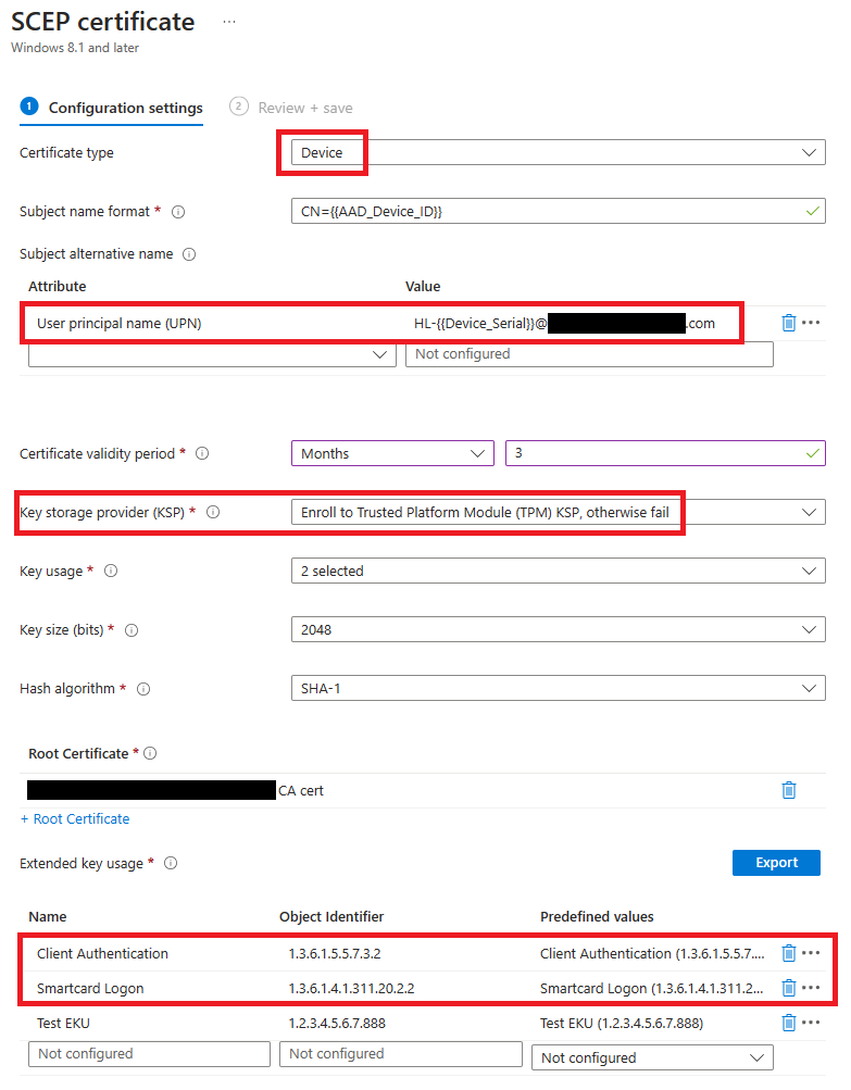 Example SCEP configuration