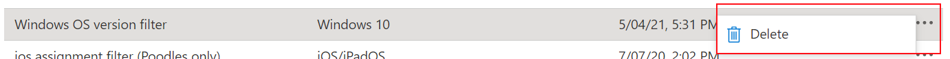 Screenshot that shows how to delete a filter in Microsoft Intune.
