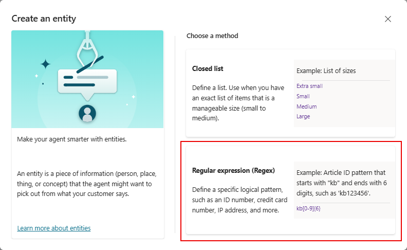Screenshot of the entity creation window, with the Regex option highlighted.