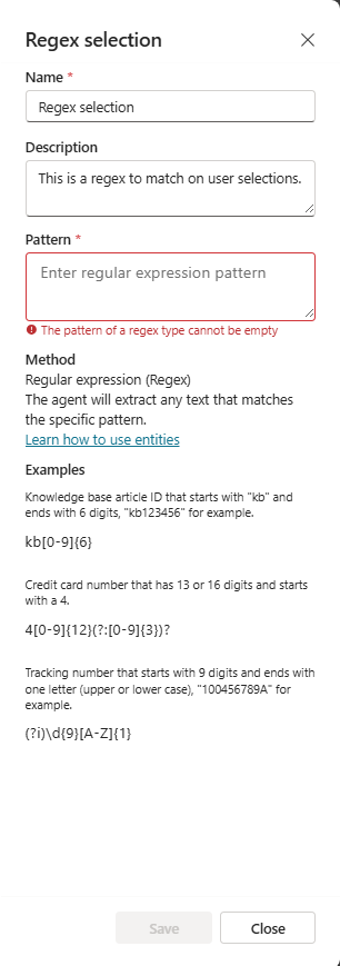 Screenshot of the regex entity pane.