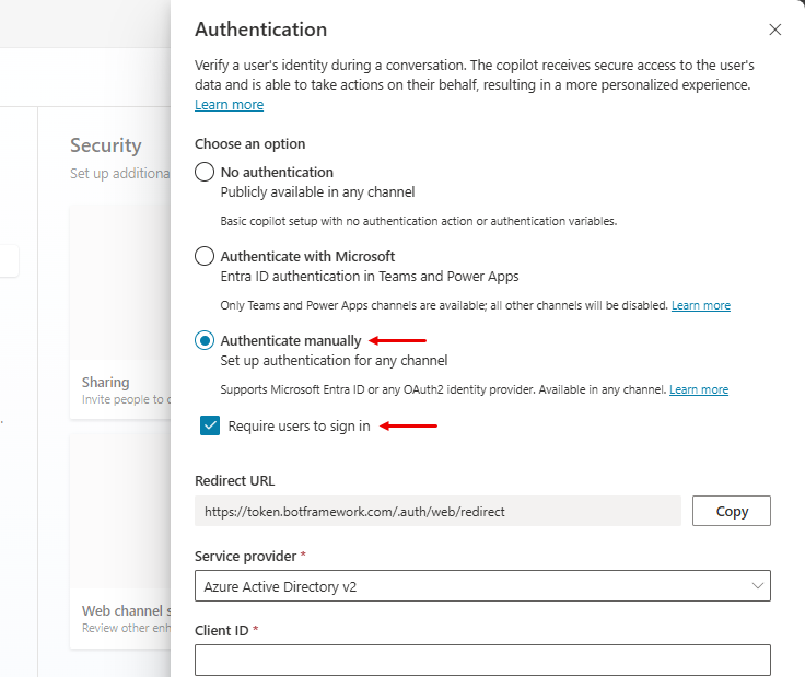 Screenshot of the Copilot Studio Authentication page with Require users to sign in selected and highlighted.