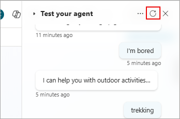 Click Reset at the top of the Test bot pane to clear conversation history.