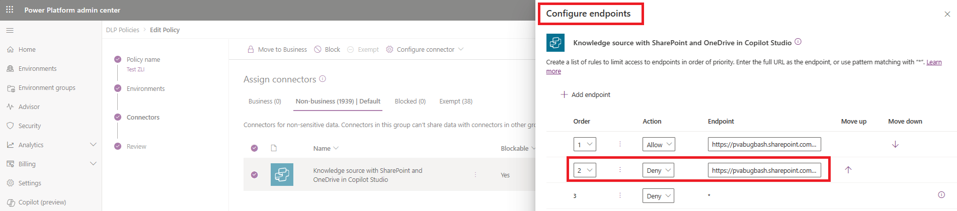 Screenshot of configuring endpoint in DLP policy.