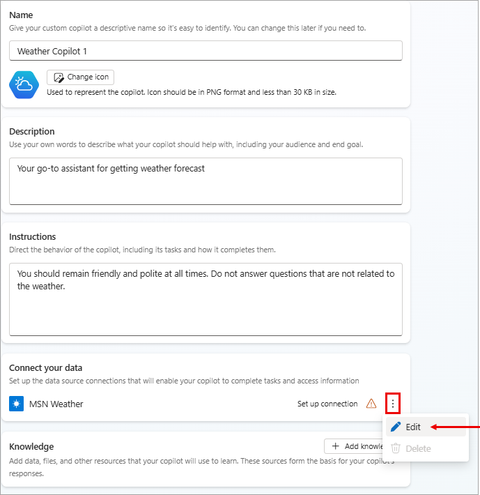 Screenshot of the copilot creation from template page with emphasis on the Edit menu of data connection.