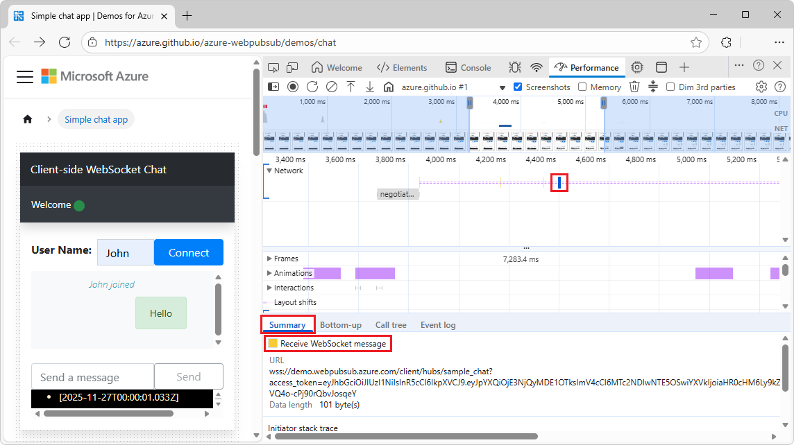 Receive WebSocket message