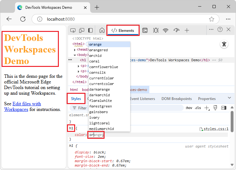 Changing the color property in styles.css