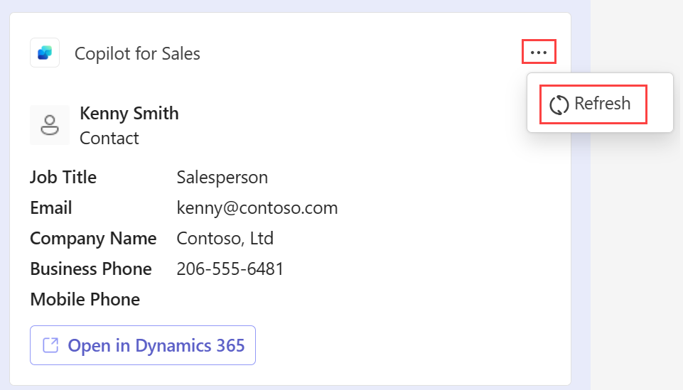 Ảnh chụp màn hình hiển thị cách làm mới thẻ liên hệ Copilot for Sales .