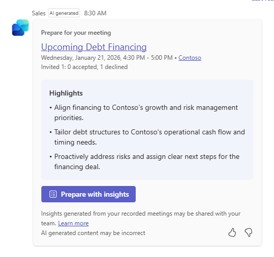 Ảnh chụp màn hình hiển thị thẻ chuẩn bị cuộc họp trong Teams.