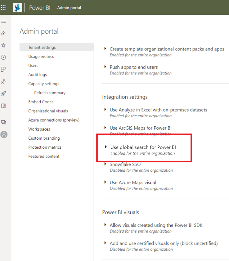 Screenshot of setting to turn Power BI answers on or off.