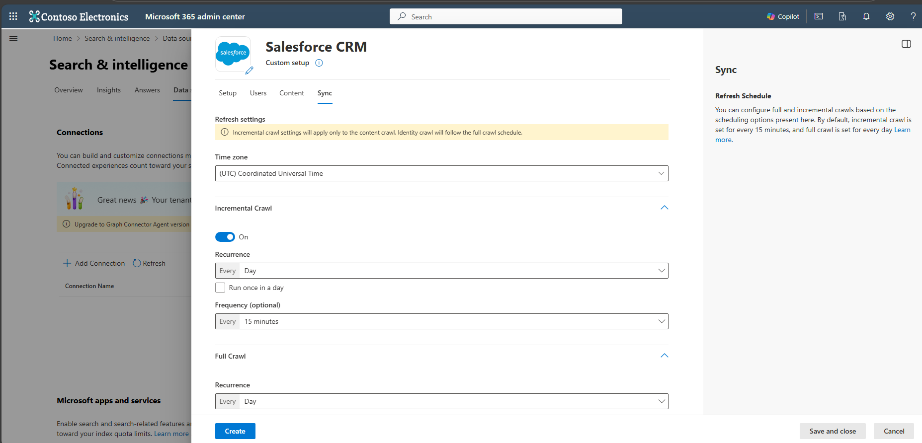 Screenshot that shows Sync tab where you can configure crawl frequency.